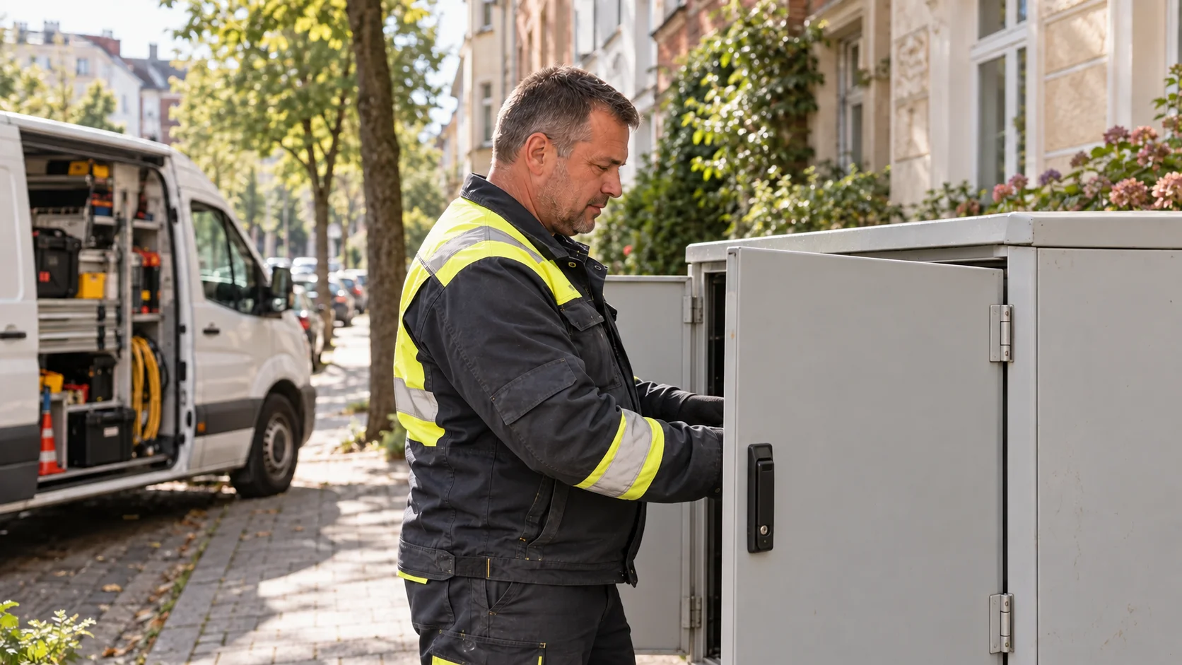 Monteur arbeitet an einem Stromverteilerkasten mit teilweise geöffneter Tür in einer städtischen Wohnstraße